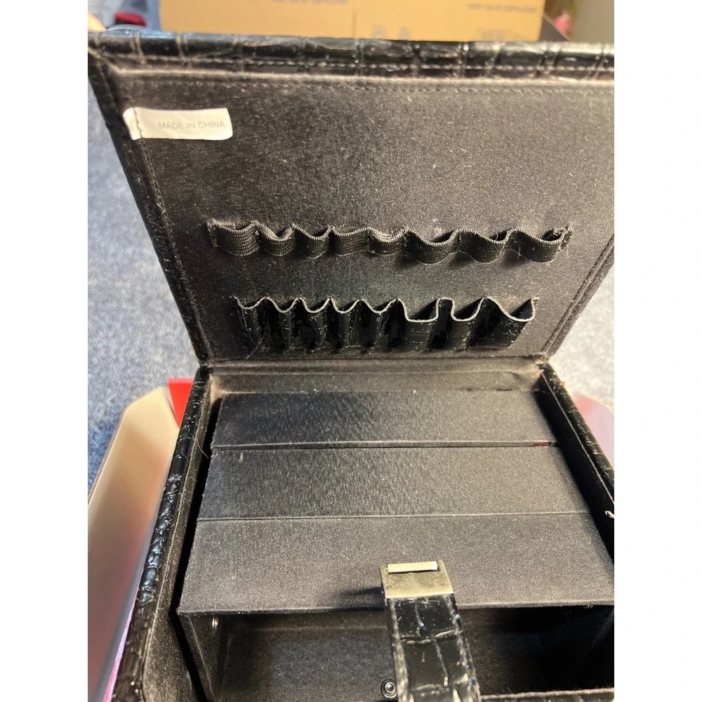 Black Faux Croc Embossed Makeup Train Case Jewelry Box with Mirror & Drawers